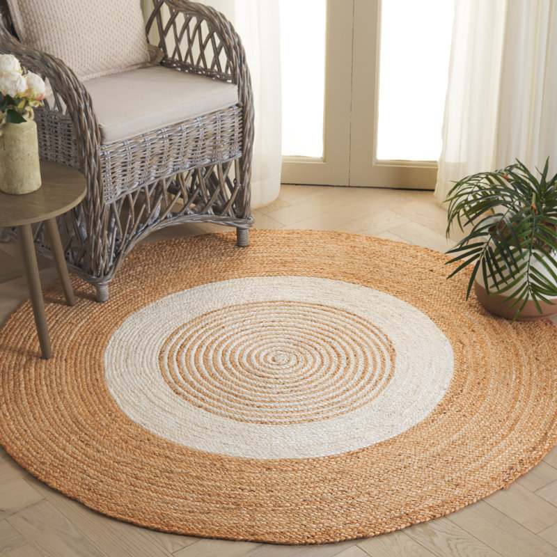 Natural Fiber Handwoven Jute Geometric Rug, Round 5'