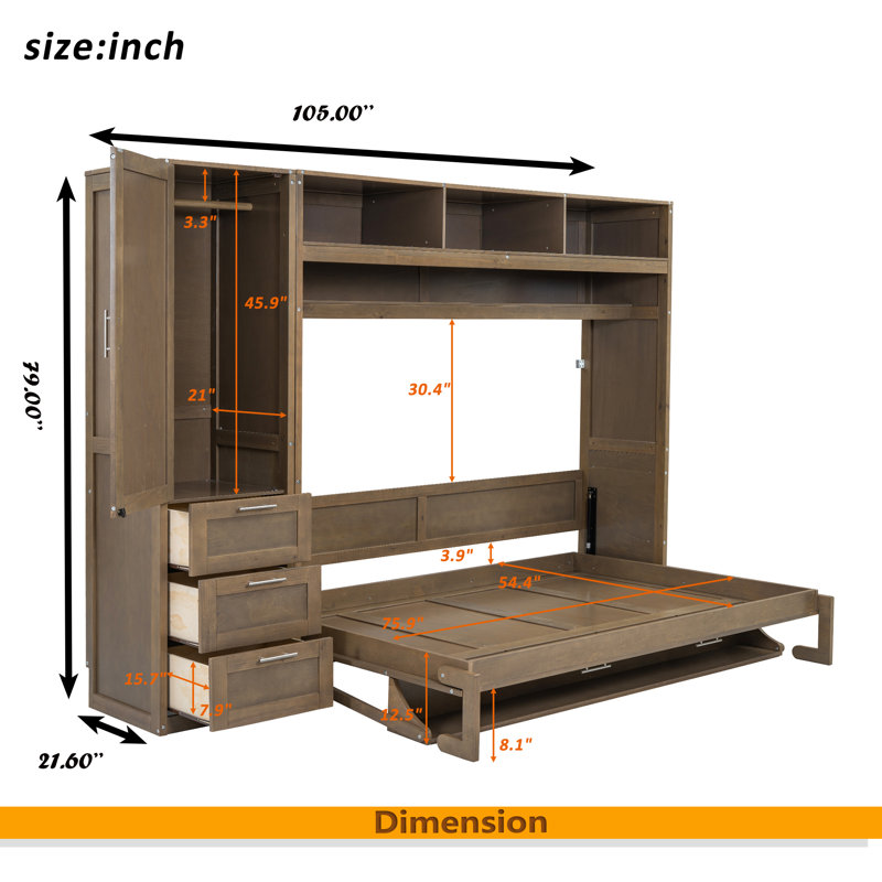 Lit escamotable double avec garde-robe, tiroirs et tablettes ouvertes