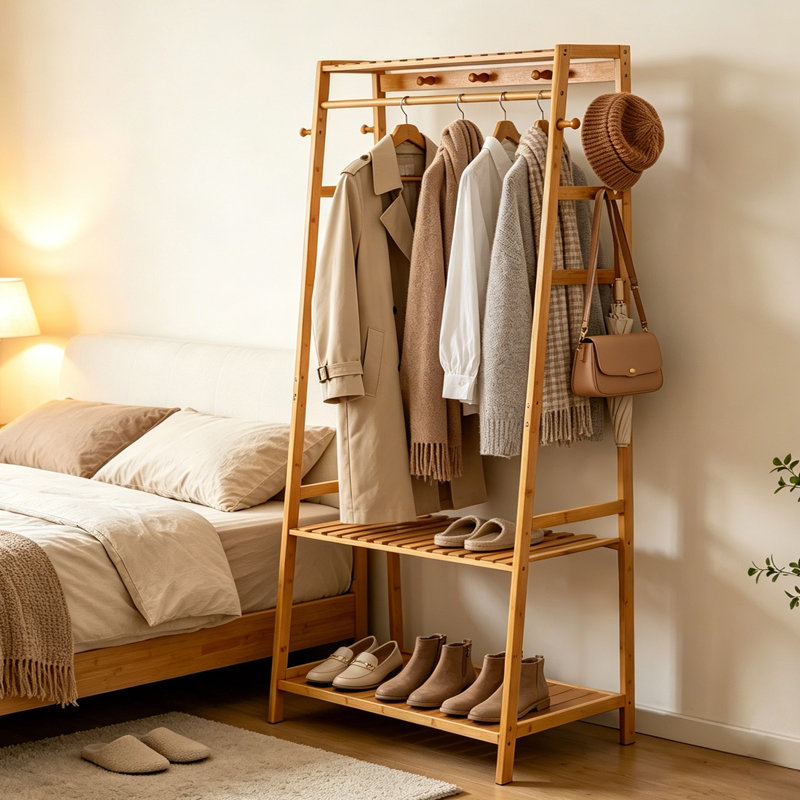Bamboo Clothing Rack Stand Clothes Hanging Rail Rack with Shelf Hooks Portable, Natural