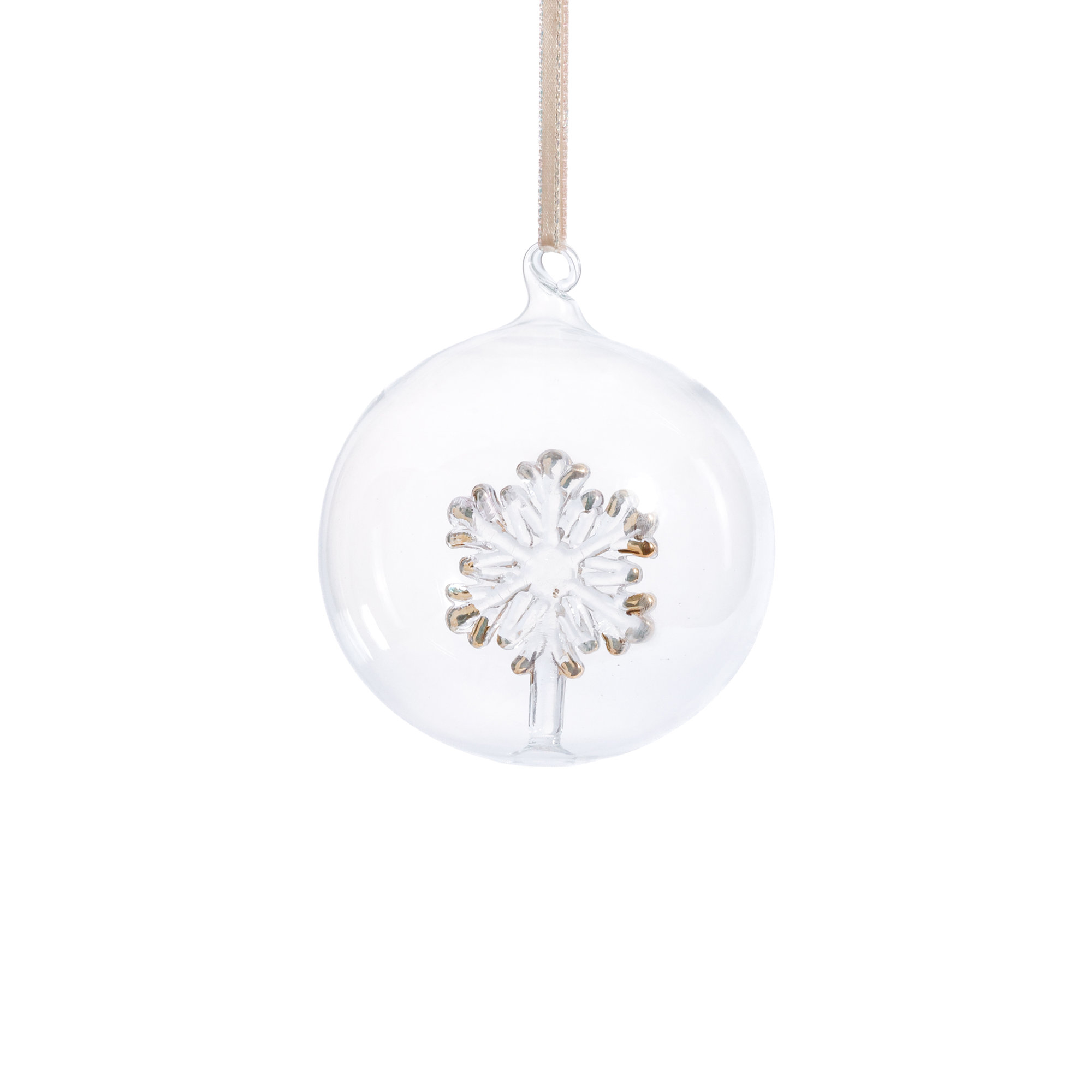 Clear Glass Ball Ornaments with Holiday Snowflake Motif, 4" H x 4" W x 4" D