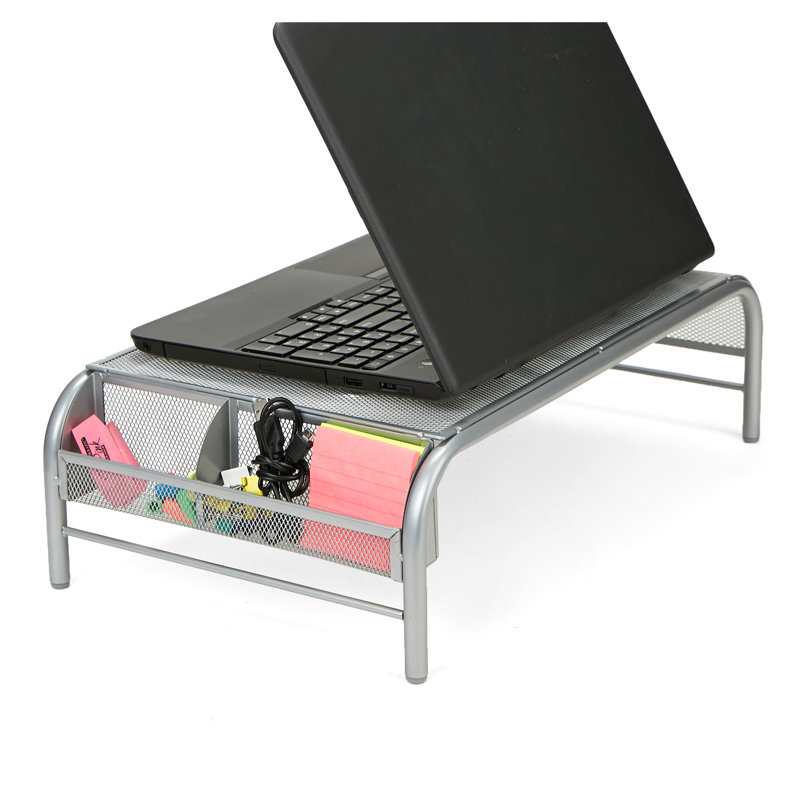 Silver Metal Mesh Monitor Stand with Side Storage