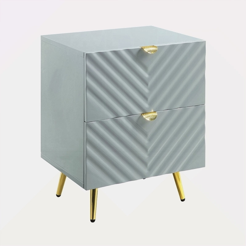 Table de chevet moderne à deux tiroirs de rangement ultra-brillants Modern Glam, Gris