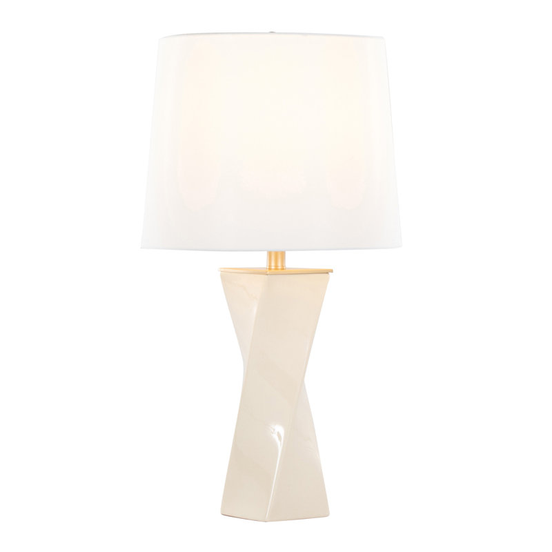 Lampe de table carrée contemporaine 27 po en céramique crème, métal doré et lin blanc, Crème