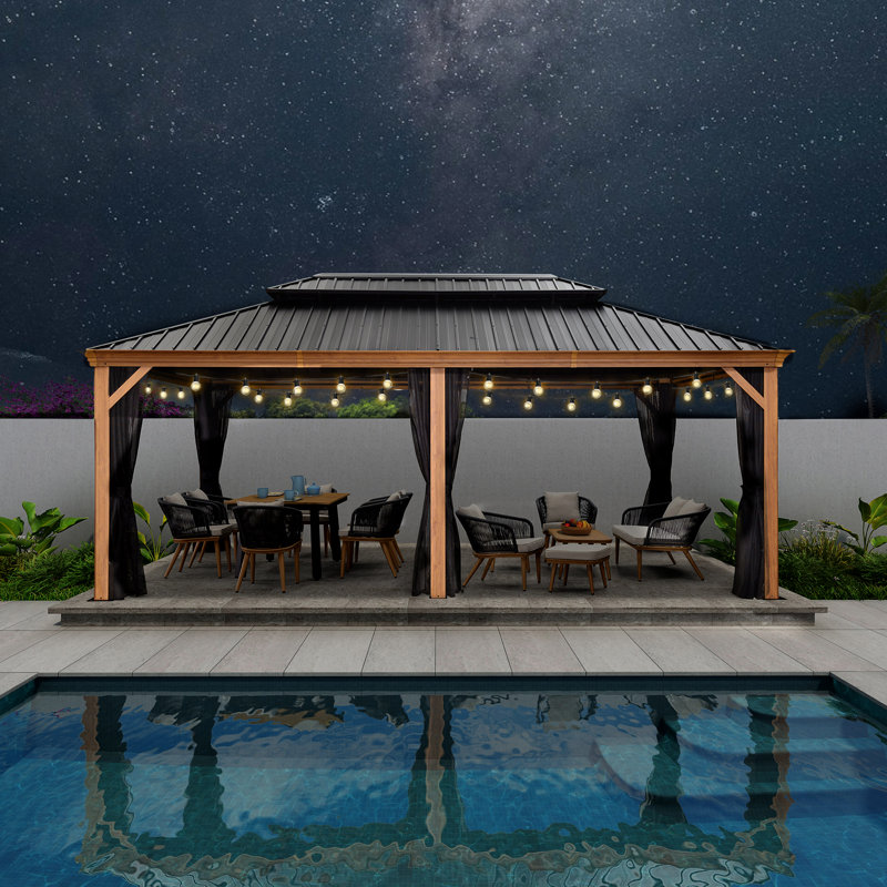 20 pi L 12 pi. D Pavillon de jardin en aluminium avec guirlandes de lumières