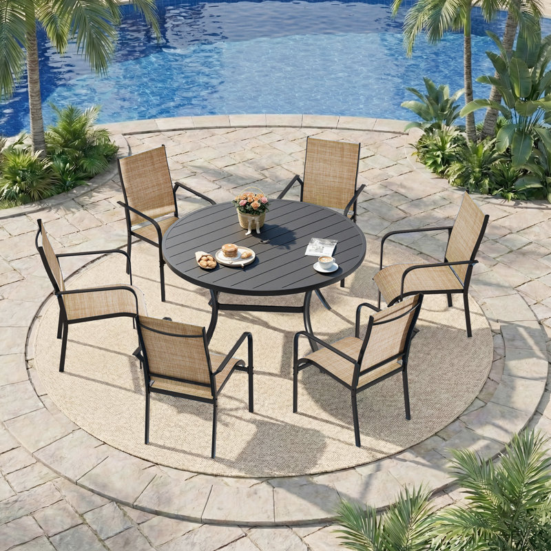 7-Piece Outdoor Patio Dining Set, 53.2" Round Dining Table With Adjustable Umbrella Hole And 6 Stackable PVC-coated polyester Chairs