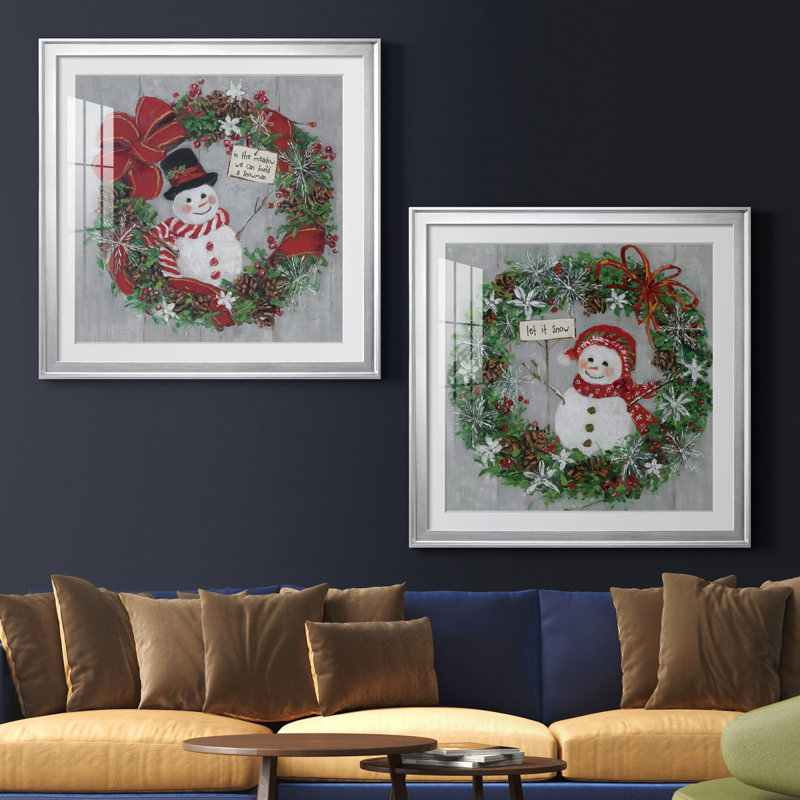 Mr. Snowman - Ensemble de 2 reproductions d'art encadrées, H 30,5 po x l 61 po x P 1,5 po, Papier avec cadre argenté, Blanc