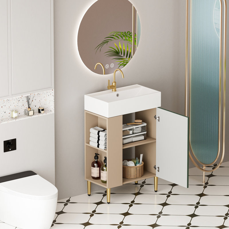 Meuble-lavabo de salle de bain avec lavabo en céramique, armoire de porte, rangement ouvert à gauche de 21,6 po, lavabo et porte Esthétique Idea 24Vb06-21Lvl, rangement de vestiaire latéral