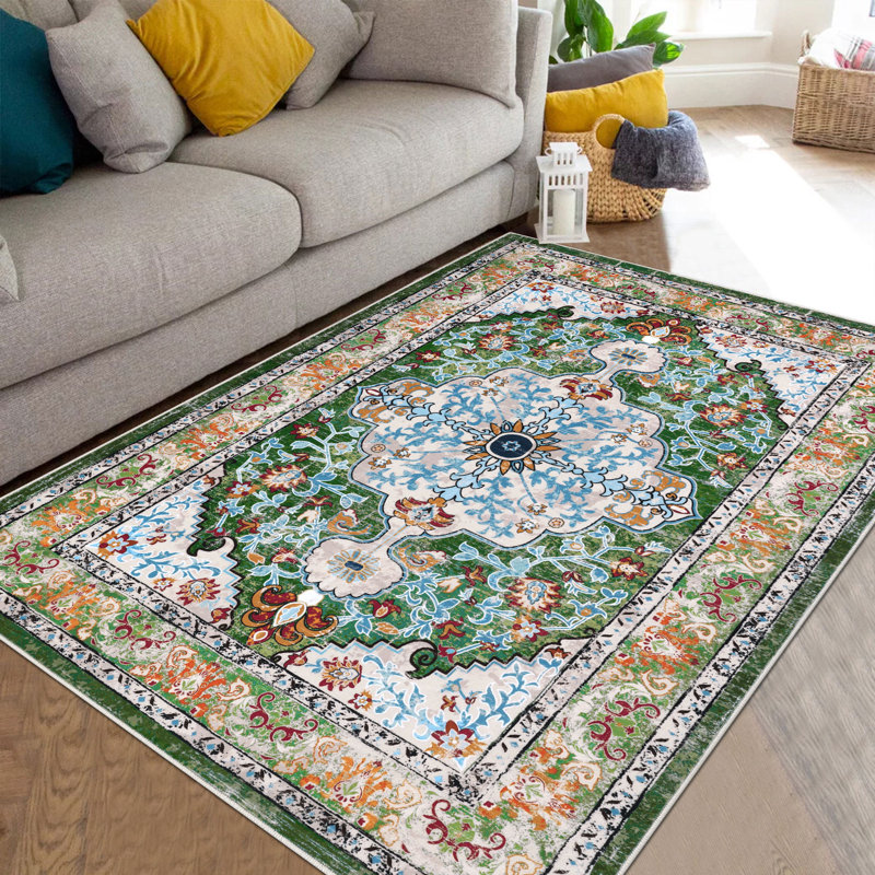 Tapis oriental antidérapant Boho, Rectangle 6 pi x 9 pi, Bleu / orange / vert