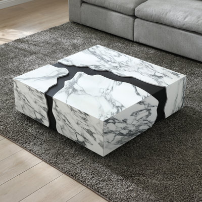 Table basse carrée géométrique minimaliste, structure en MDF avec placage à motif marbre Arabescato et veinage noir contrastant, entièrement assemblée, 90 x 90 x 31 cm, idéale pour le salon.