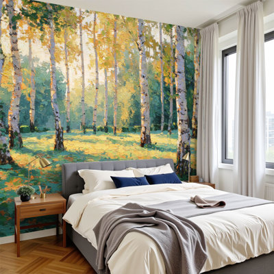 Peel and Stick Wallpaper Layered Oil Painting Birch Trees Muted Earth Tones Wall Murals 100"H x 144"W Removable PVC Wall Paper Self-Adhesive Wall Decor for Bedroom Living Room Dinning Room Home Office