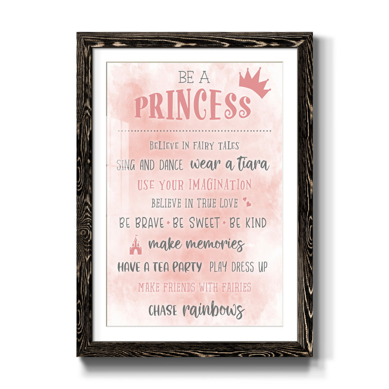 Be a Princess - Reproduction d'art textuel sur papier encadré, H 44 po x l 31 po x P 1 po, Noir