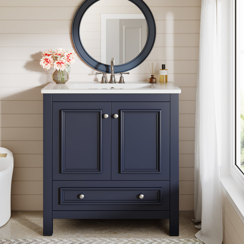Meuble-lavabo autoportant avec cadre en bois massif 30 po avec lavabo et organisateur de porte, 30", Bleu