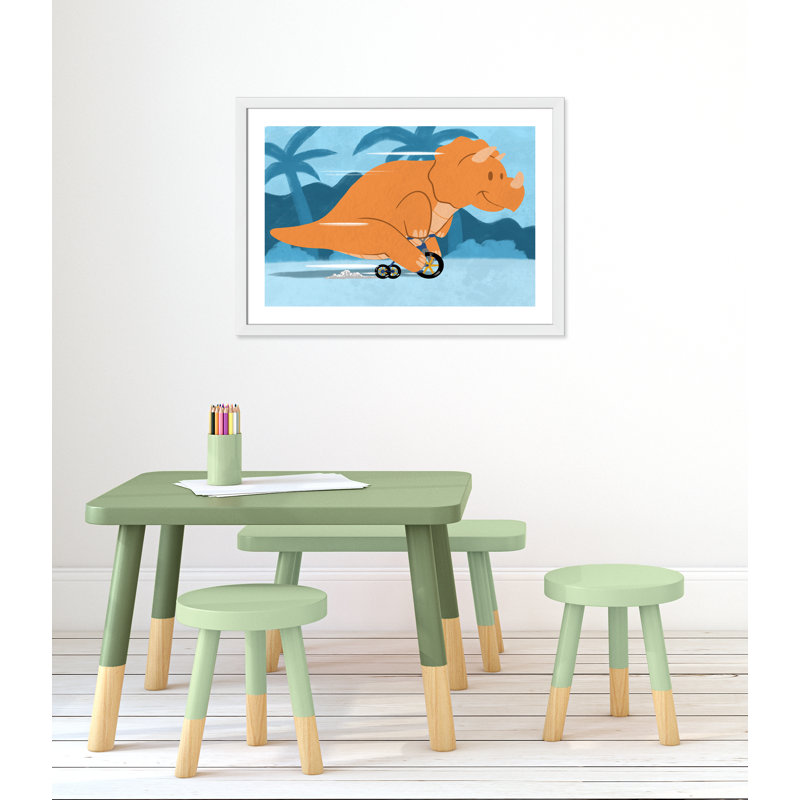 «Riding Dino 2», impression sur papier, H 24,5 po x l 34,5 po x P 0,6 po, Encadré plat blanc