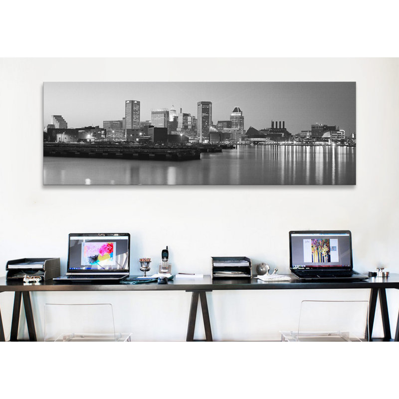 " Baltimore Panoramic Skyline Cityscape (Black & White - Evening) " by Unknown Artist, 16" H x 48" W x 1.5" D, Wrapped Canvas