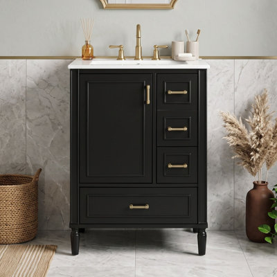 Meuble-lavabo sur pied avec lavabo en céramique, porte à fermeture amortie, 3 tiroirs et tablette fixée à la porte.
