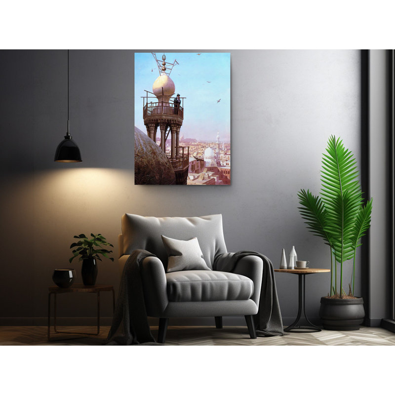 Reproduction d'une peinture d'un muezzin appelant du haut d'un minaret le fidèle à la prière - Jean Leon Gerome