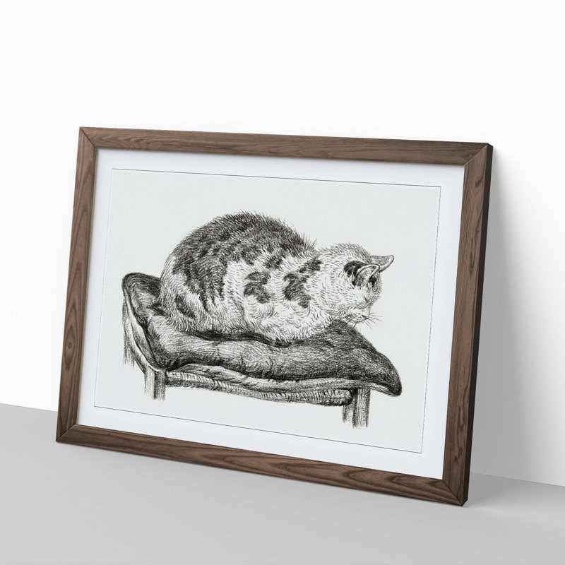 Cat upon a Cushion by Jean Bernard - Picture Frame Drawing Print, Walnut Framed, 48cm H x 65cm W x 2cm D