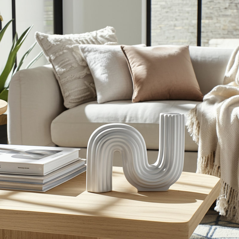 Stoneware Ceramic Vase with Sculptural Curved Shape and Ribbed Textured Design, White