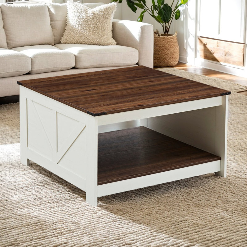 Table basse Kinchens Farmhouse - Design carré en bois rustique avec rangement semi-ouvert