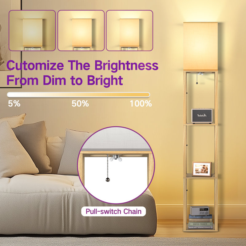 62.2'' H 3 Tier Square Shelf LED Floor Lamp With Zipper Switch, Natural Wood