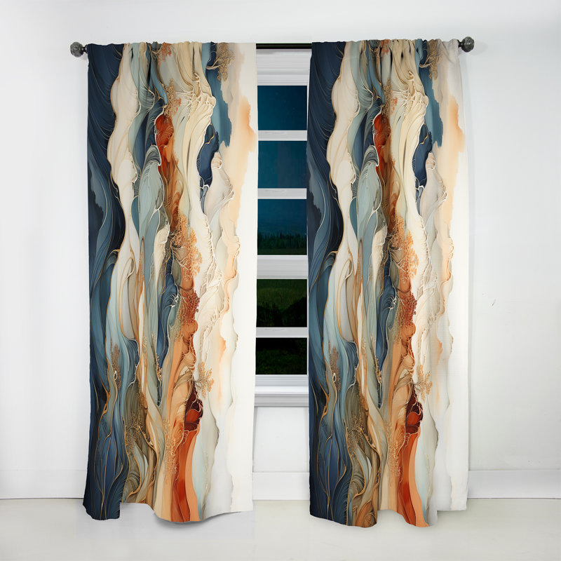 Abstract Orange And Blue River Ink III - Modern Velvet Curtain - Room Darkening - 1 panel, 52" W x 63" L