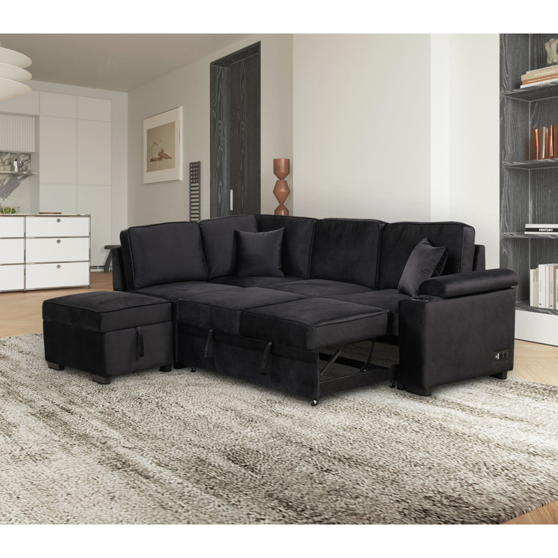 Shanet 87.4'' Velvet Sleeper Sofa, Black Velvet