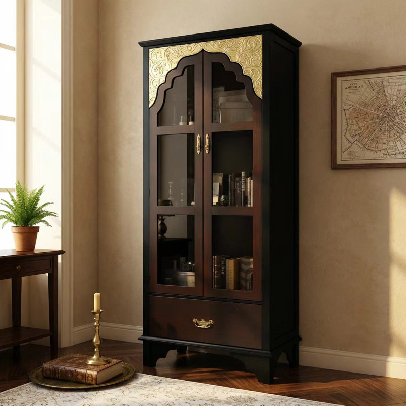  Benevento 70.9"H Rectangular 3-Tier Bookcase With Glass Doors And Drawers, Dark Brown/Gold