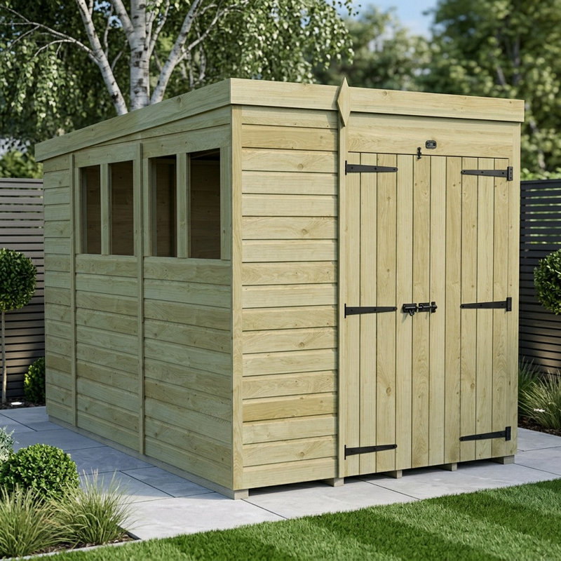 Total Sheds 6ft x 10ft Pent Garden Shed - Double Door - With Windows - Pressure Treated Timber - UK Manufactured
