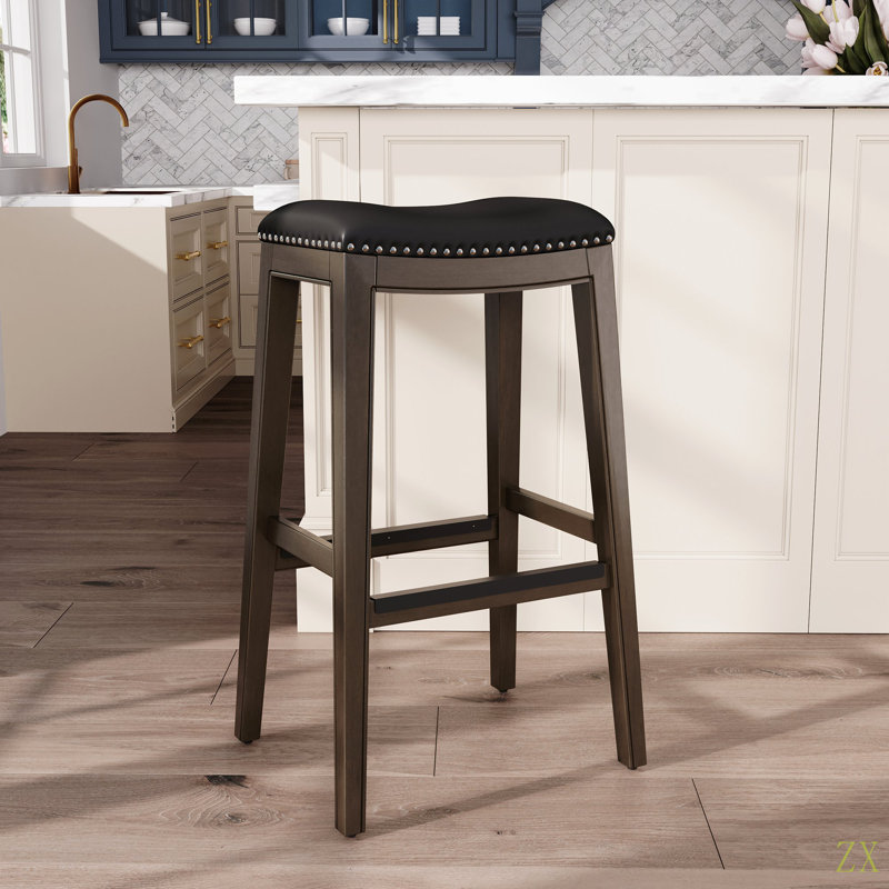 Tabouret de bar 30 po, siège en cuir, Siège noir / cadre brun foncé