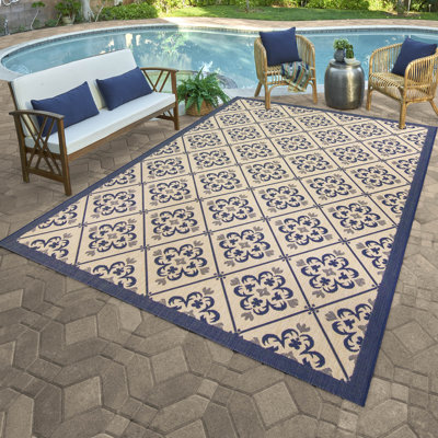 Paseo Gralf Navy Blue Transitional Checkered Medallion Indoor/Outdoor Flatweave Area Rug