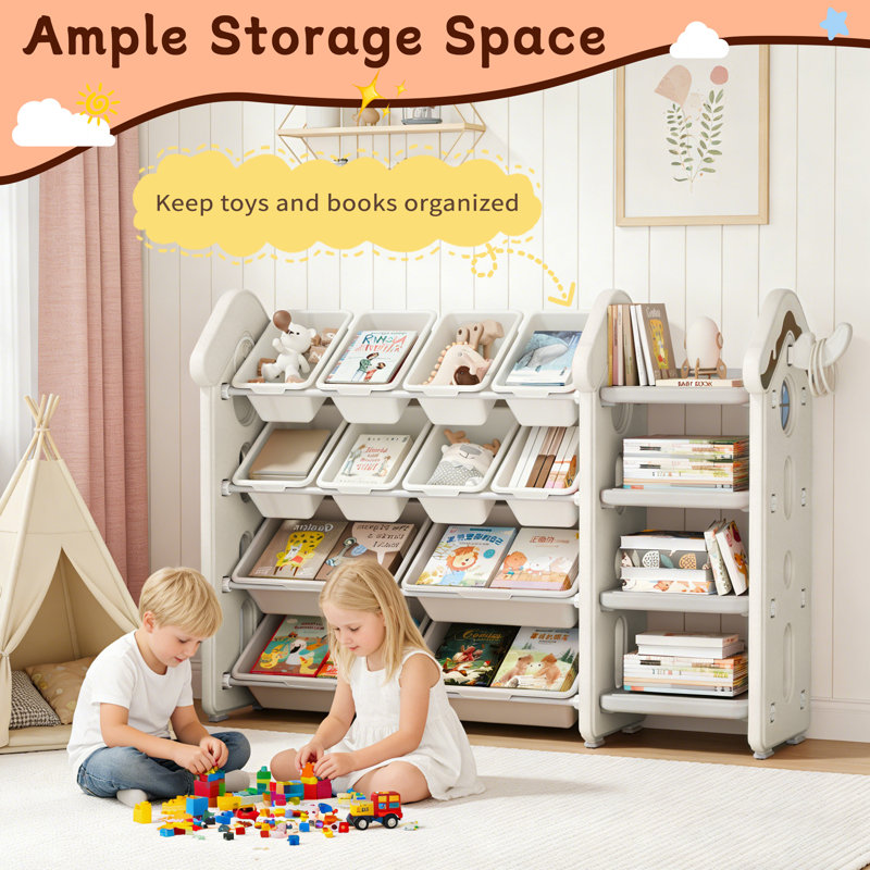 Kids Toy Storage Organizer With 12 Removable Bins, Toy Organizers And Storage With 4-tier Bookshelf For Kids Toy Storage Organizer