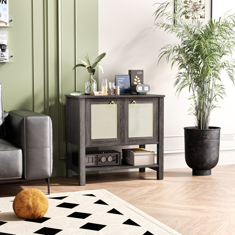 Rattan 2-Door End Table, Grey