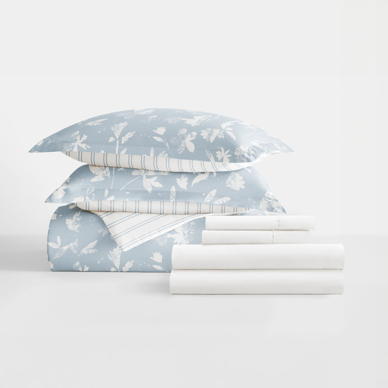 8-Piece Reversible Bedding Bundle - Patterned Duvet Cover, Comforter Insert and Solid Sheet Set, Blue Floral