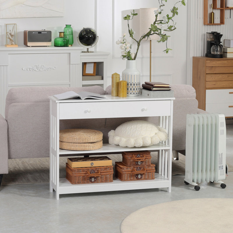 Console Hallway Table With Extra Wide Pull Out Drawer, Open Shelves And  Frame Design,, White