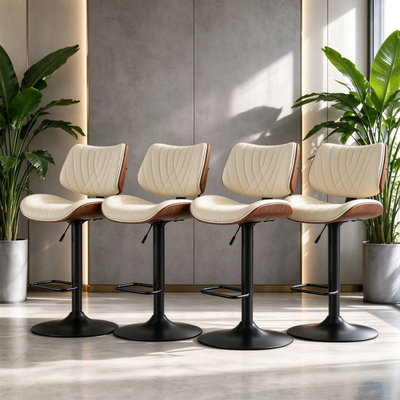 Ensemble de 4 tabourets de bar pivotants et réglables, en similicuir, hauteur comptoir, avec dossier et repose-pieds, style moderne pour la cuisine et la maison, blanc, ensemble de 4