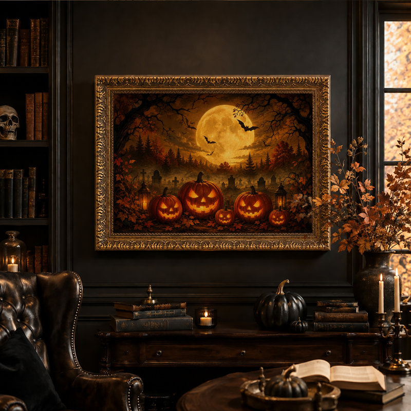 Citrouilles d'Halloween illuminées dans une forêt d'automne avec une toile murale d'Halloween, H 20 po x l 30 po