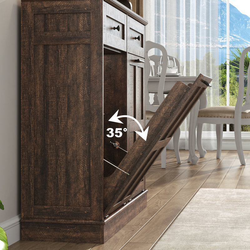 Armoire poubelle à double basculement double 26 gallons Wodden (sans inclure la poubelle) avec tiroir, Brun