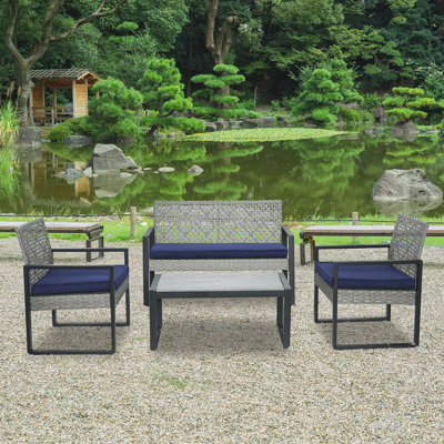 4-Piece Patio Furniture Set Outdoor Balcony Porch Garden Backyard Lawn Furniture Gray Acacia Wood Table Top, Blue Cushion And Light Gray Rattan