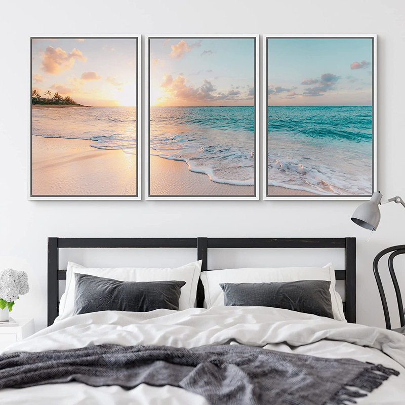 'Paradise' - 3 Piece Floter Frame Print Set on Canvas, White Framed, 36" H x 72" W x 1.5" D