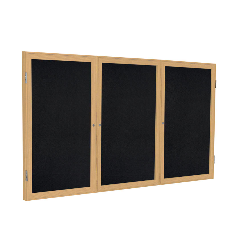 Tableau d’affichage clos en caoutchouc avec cadre en bois 3 portes ghent, Noir, H 3 pi x l 6 pi, Chêne