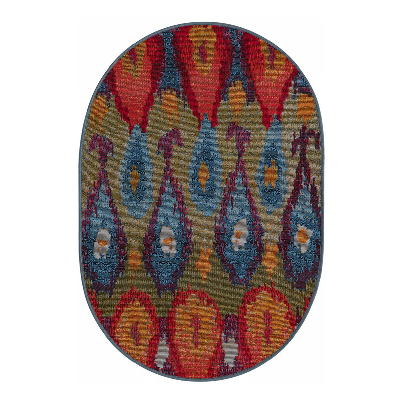 Tapis bleu intérieur / extérieur Newt Ikat, Ovale 7 pi 1 po x 10 pi