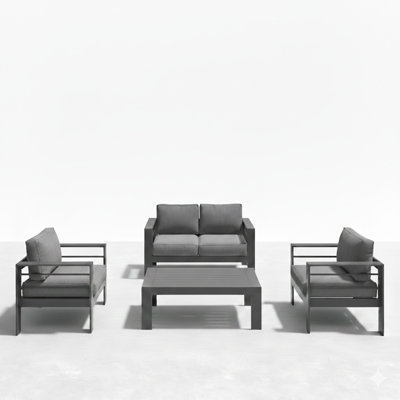 4-Piece Modern Aluminum Patio Conversation Set,  4-Seat Outdoor Sofa With  Thick Dark Gray Cushions & Gray Frame And Coffee Table