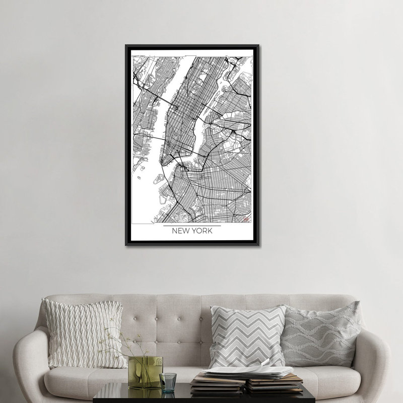 «New York Minimal Urban Blueprint Map», impression sur toile, Toile avec cadre noir, H 48 po x l 32 po x P 1,5 po