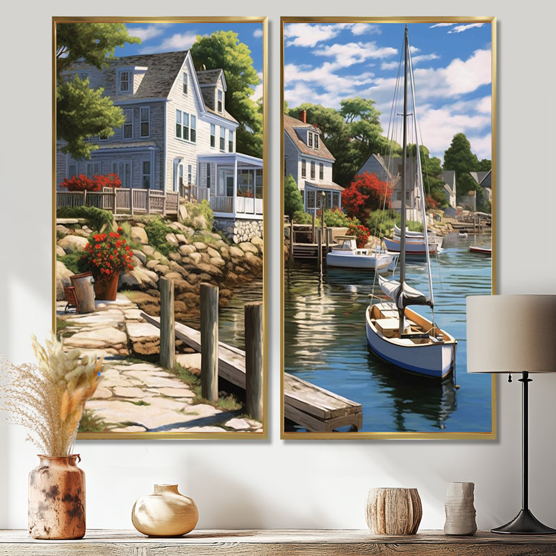 Port Connecticut's Charm - Paysages Connecticut Wall Decor, H 32 po x l 32 po, Impression encadrée flottante, Doré