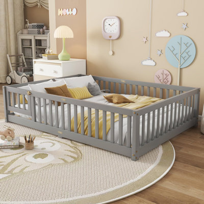 Full Size Kids Floor Bed with Safety Guardrails & Door, Wood Grain Gray