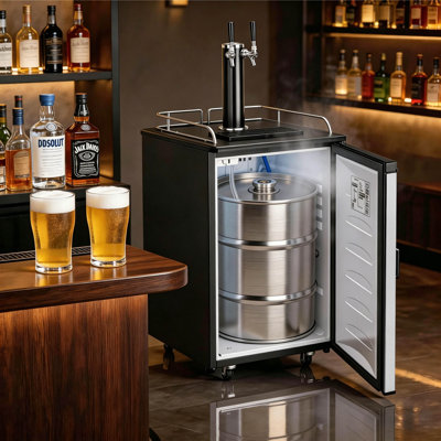 Dual Tap 5.4 Cu.Ft. Kegerator Beer Keg Dispenser In Silver With Shelves, CO2 Cylinder, Drip Tray And Rail