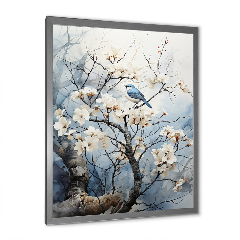 «Monochromatique Tree Bird Contemplation», reproduction sur toile, Cadre photo argenté, H 40 po x l 30 po x P 1,5 po