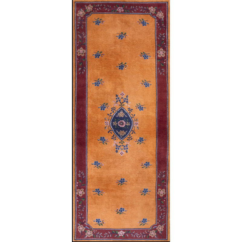 Antique Floral Medallion Wool Hand Knotted Pile Coral / Salmon Pink 1920s Rug