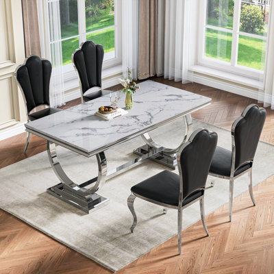 70”Marble Dining Table Set For 4,Modern 5-Piece Faux Marble Dining Table Set With 4 High-Backed Chairs, Luxury Kitchen Dining With Stainless Steel Ped -  Mercer41, 6B2E9A92991B42B5889B05E706C432A0