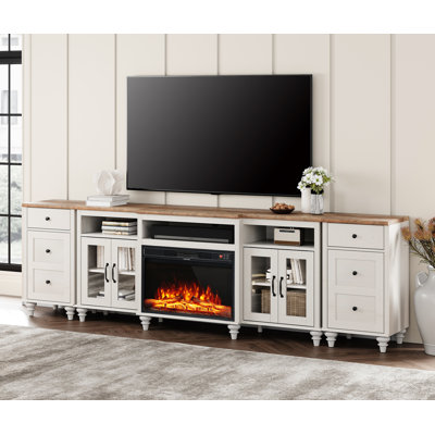 Meuble télé Scarlett, centre de divertissement avec foyer électrique pour grande console de télévision avec station de recharge